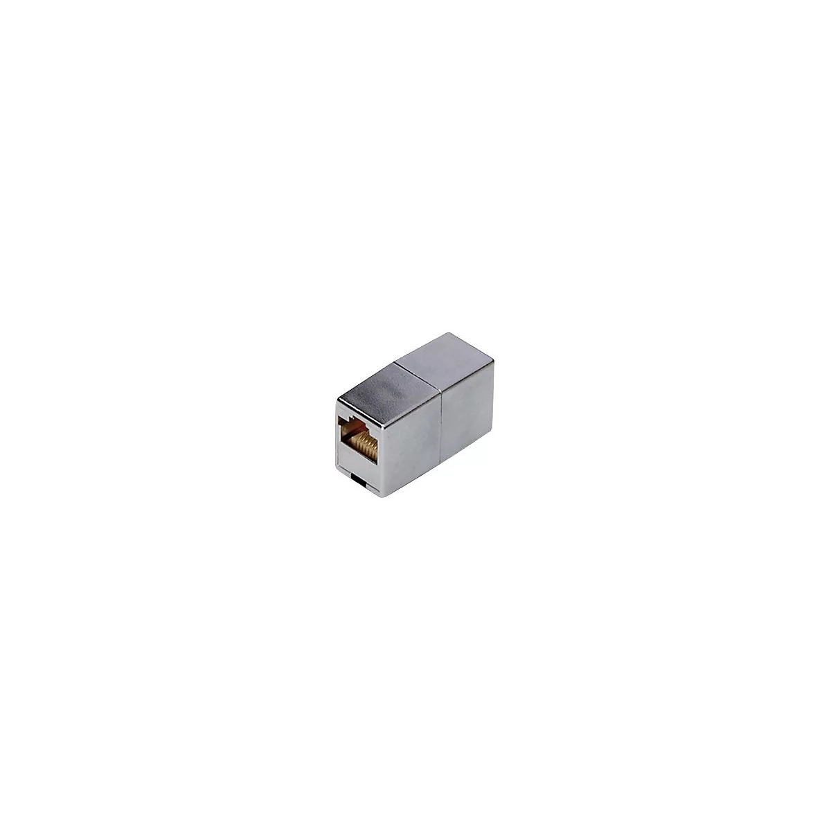 Silberfarbener Ethernet-Stecker, rechteckig, mit goldfarbenen Kontakten auf weißem Hintergrund.