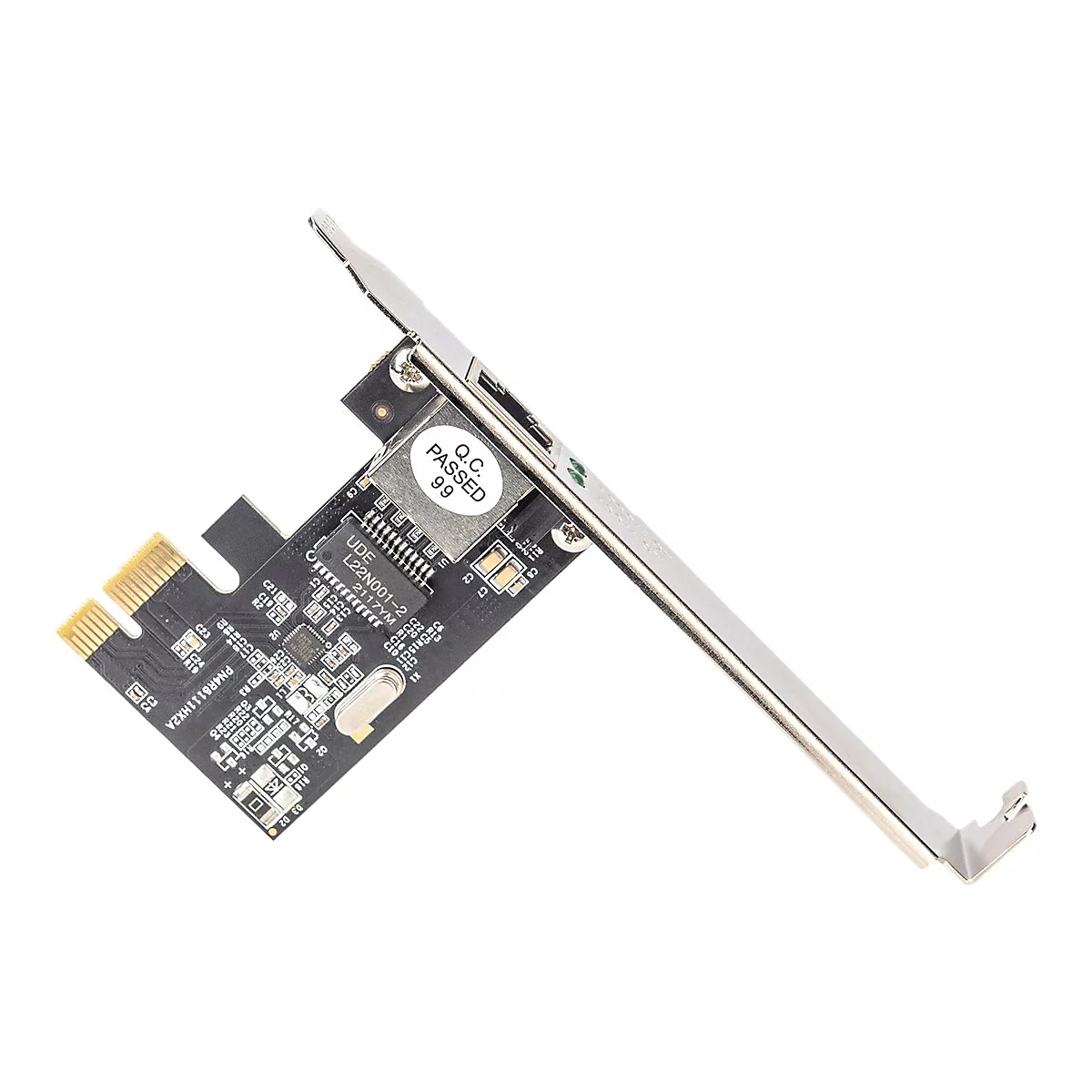 Schwarze PCIe-Netzwerkkarte mit Ethernet-Anschluss und silberner Slotblende vor weißem Hintergrund.