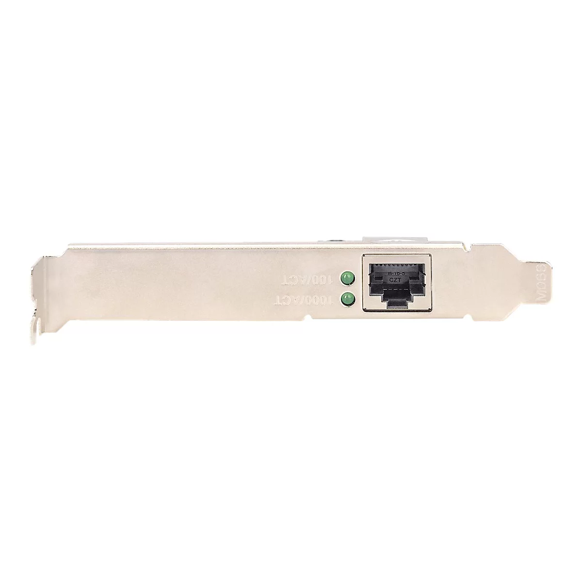 Blendenrückseite einer Netzwerkkarte mit RJ45-Port und zwei Status-LEDs auf silbernem Metall.