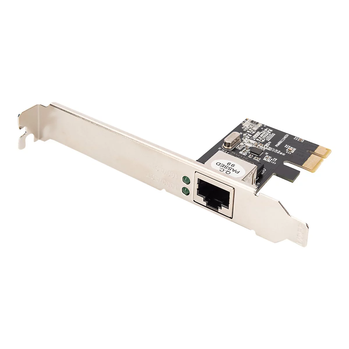 Netzwerkkarte mit silbernem Slot-Blech, einem RJ45-Anschluss, zwei Status-LEDs und schwarzer Leiterplatte.