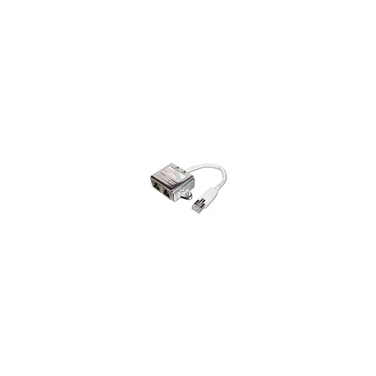 Metallgehäuse mit zwei Anschlüssen, verbunden mit einem weißen Kabel und einem transparenten RJ45-Stecker.