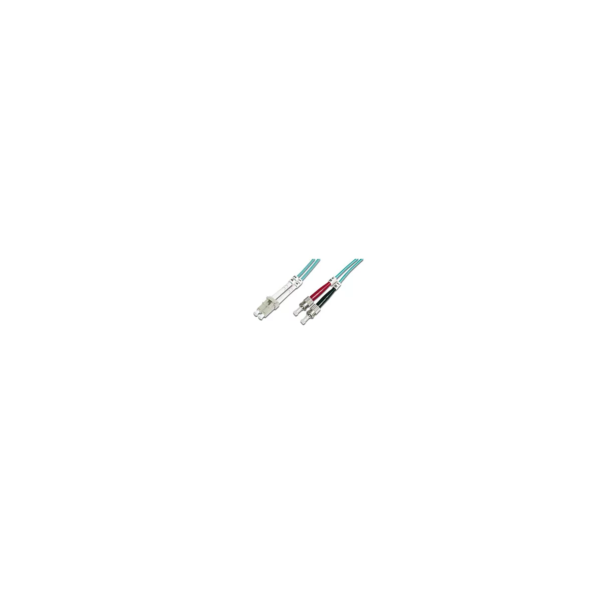 Zwei Lichtwellenleiter-Stecker, weiß und silberfarben, mit blauen Kabeln vor weißem Hintergrund. Beschriftung A1, A2, B1, B2.