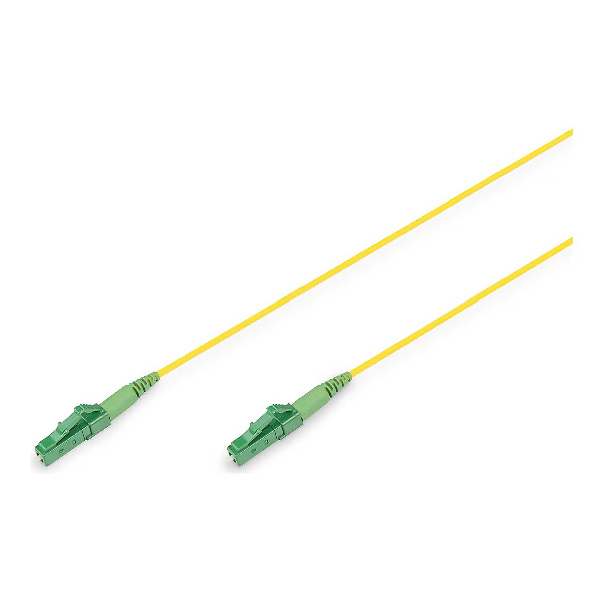 Zwei gelbe Lichtwellenleiter-Kabel mit grünen Steckern, diagonal auf weißem Hintergrund.