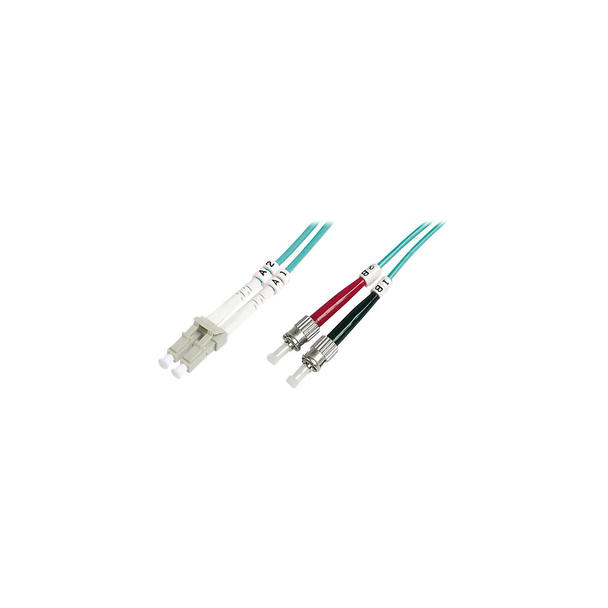 Zwei Glasfaserkabel mit Steckern: ein weißer Stecker und zwei farbige Stecker. Auf den Steckern stehen Buchstaben und Zahlen.