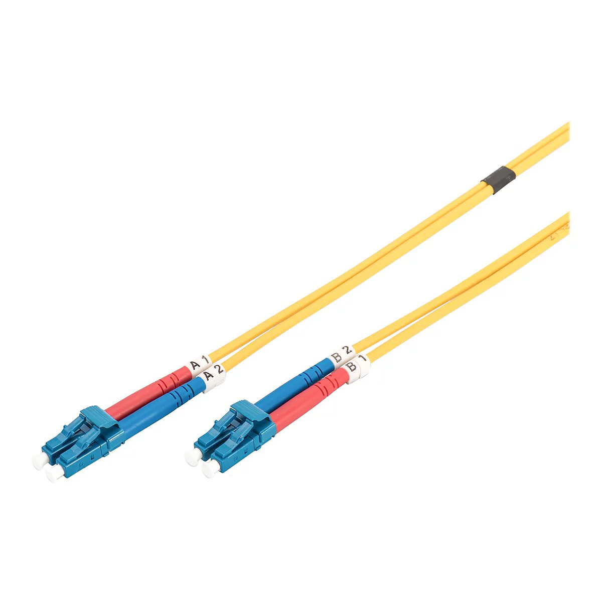 Zwei gelbe Lichtwellenleiter-Kabel mit blauen und roten Steckern. Markierungen A1, A2, B1 und B2.