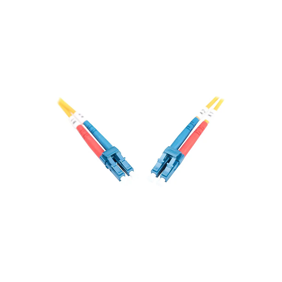 Zwei blaue Glasfaserstecker mit roten und blauen Kabeln auf weißem Hintergrund, Beschriftung A1 und A2.