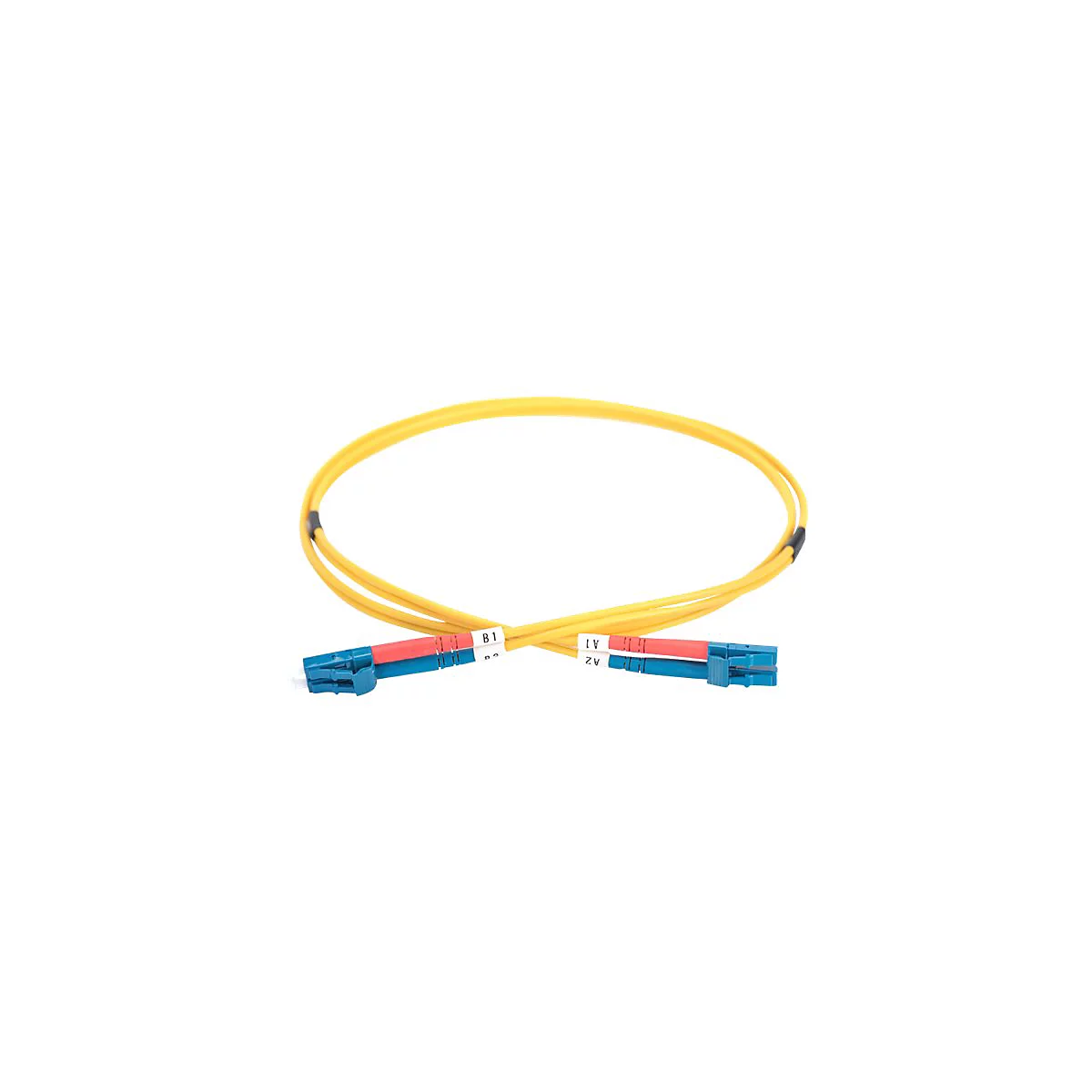 Gelbes Glasfaserkabel mit blauen Steckern und rotem Streifen. Beschriftung: A1, A2, B1, B2.