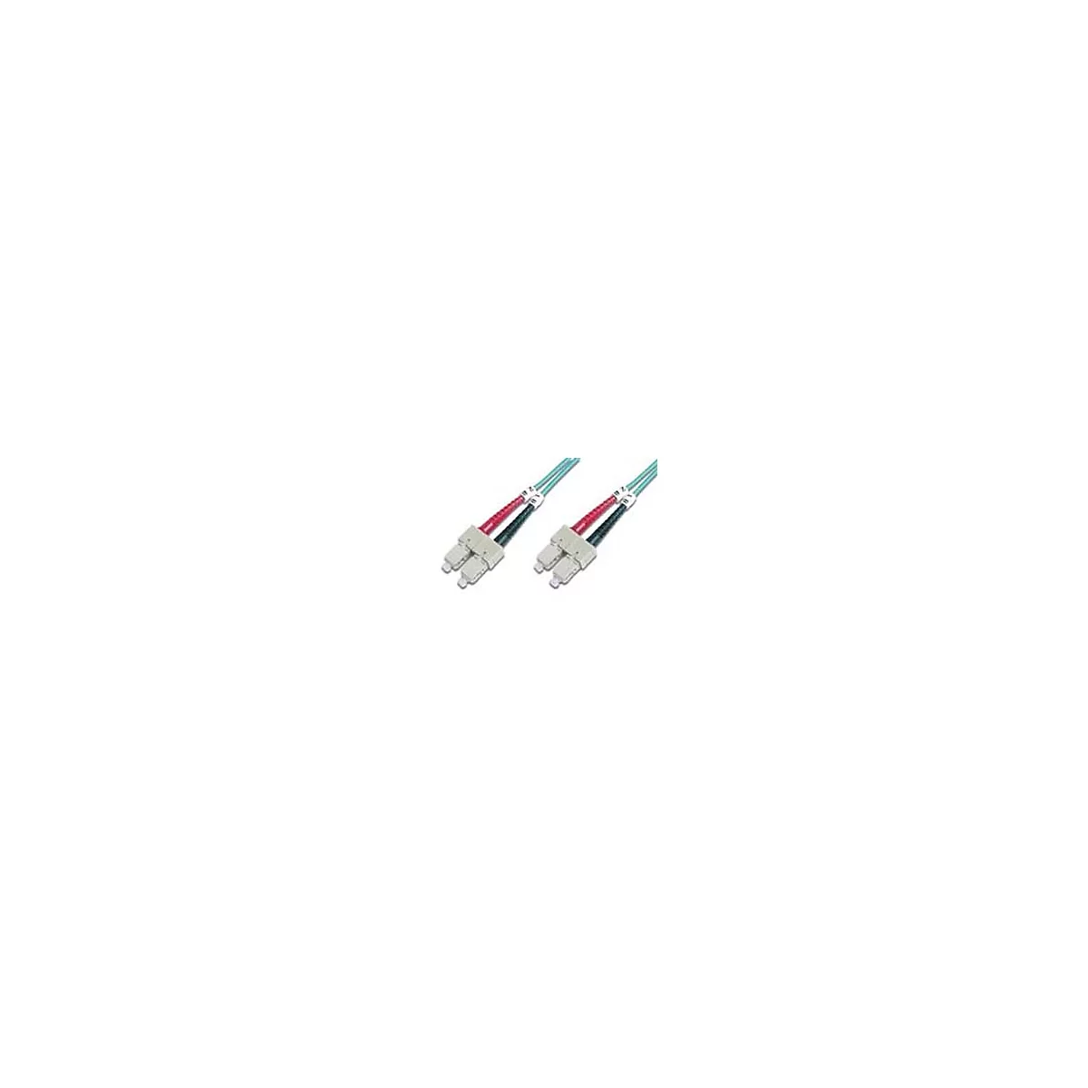 Zwei Lichtwellenleiter-Kabel mit grauen Steckern, roter und schwarzer Ummantelung.
