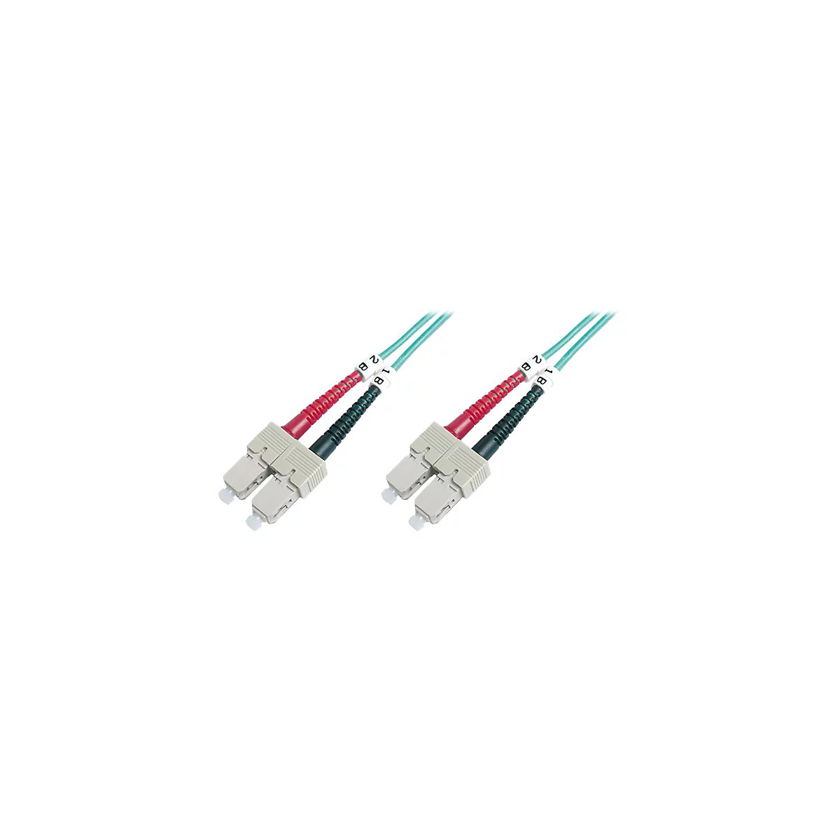 Zwei Lichtwellenleiter-Kabel mit grauen Steckern, roten und grünen Manschetten und weißen Markierungen.