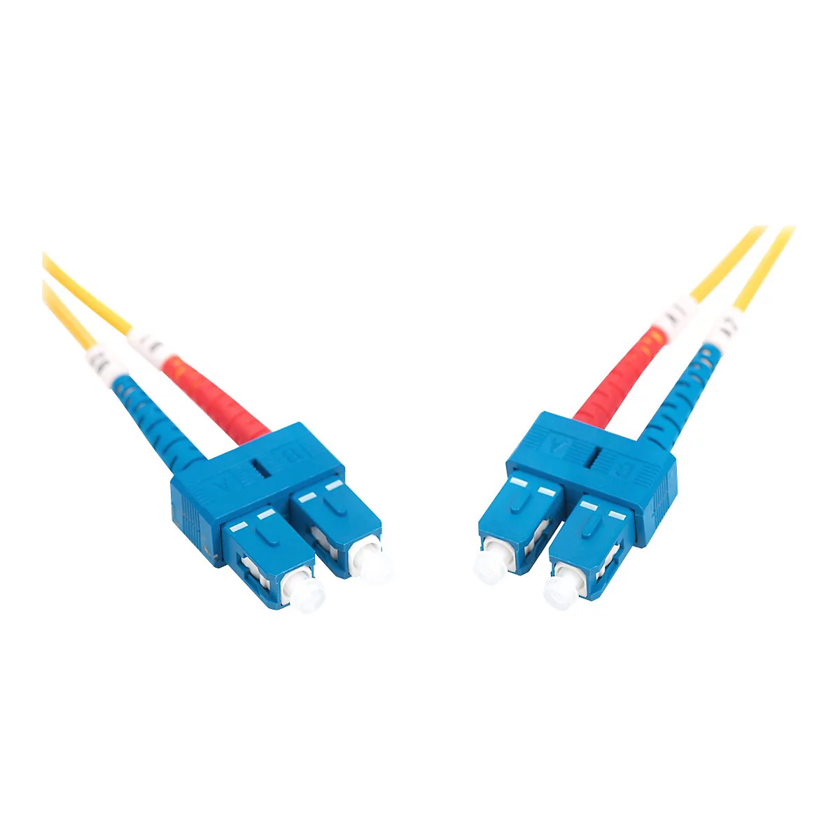 Zwei blaue SC-Duplex-Glasfaserstecker mit gelben Kabeln vor weißem Hintergrund.