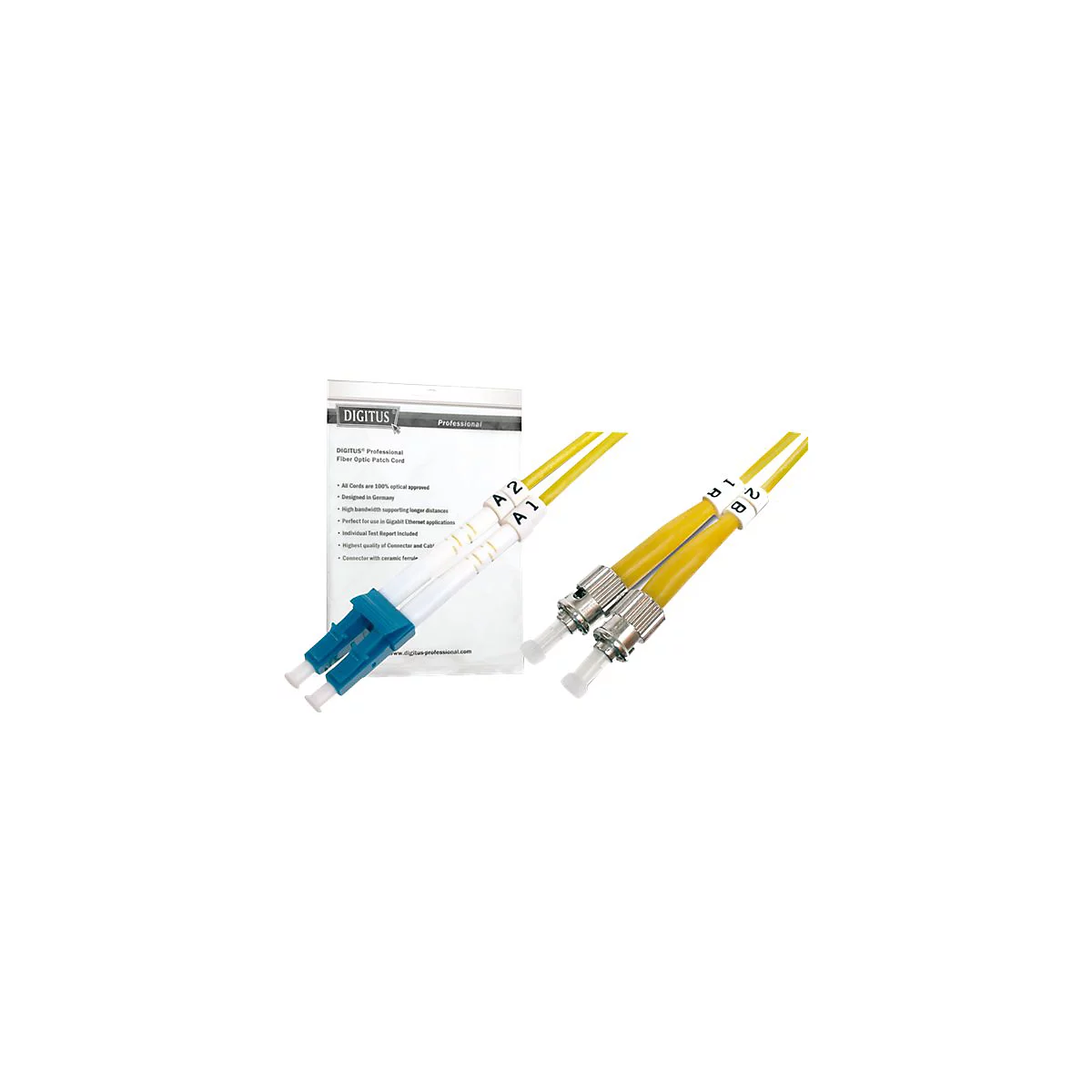 Zwei gelbe Glasfaserkabel mit weißen und blauen Steckern; daneben eine Produktverpackung mit Text: DIGITUS Professional Fiber Optic Patch Cord.