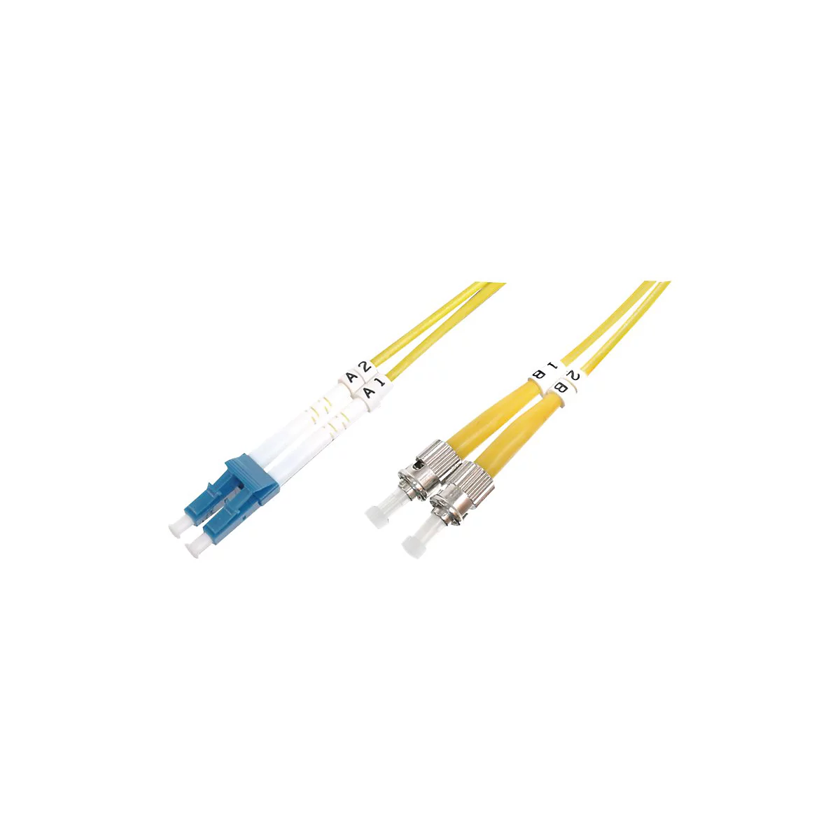Zwei gelbe Glasfaserkabel mit Steckern. Auf einem Stecker steht "A1" und "A2", auf dem anderen "B1" und "B2".