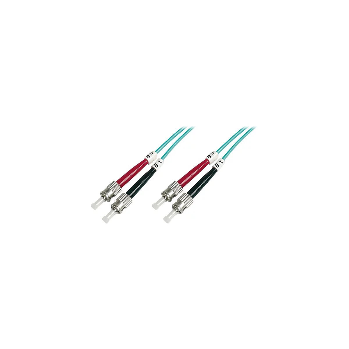 Zwei optische Glasfaser-Stecker mit farbigen Kabeln und Markierungen.
