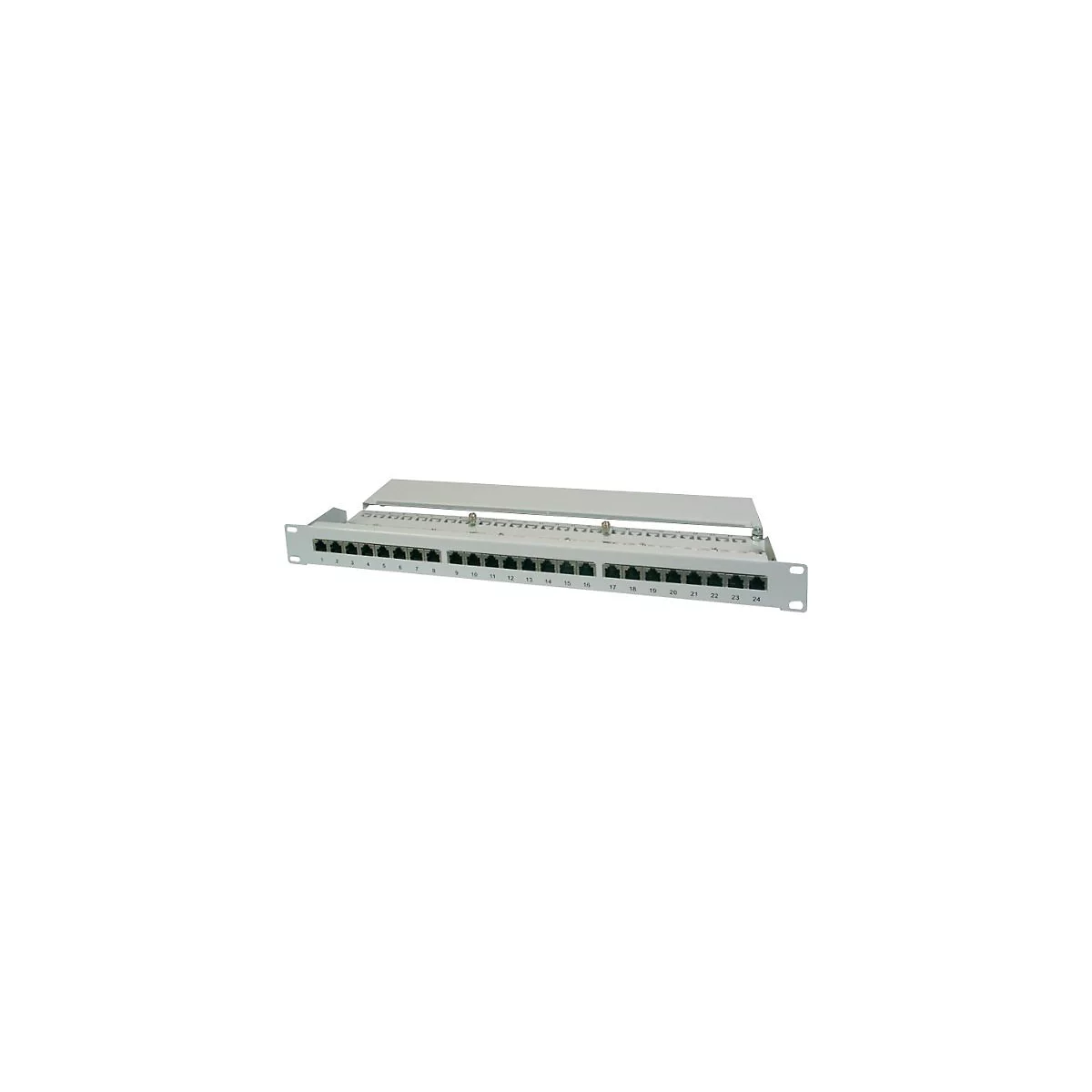 Graues Patchpanel mit 24 Anschlüssen, durchnummeriert von 1 bis 24, für Netzwerk- oder Telekommunikationszwecke.