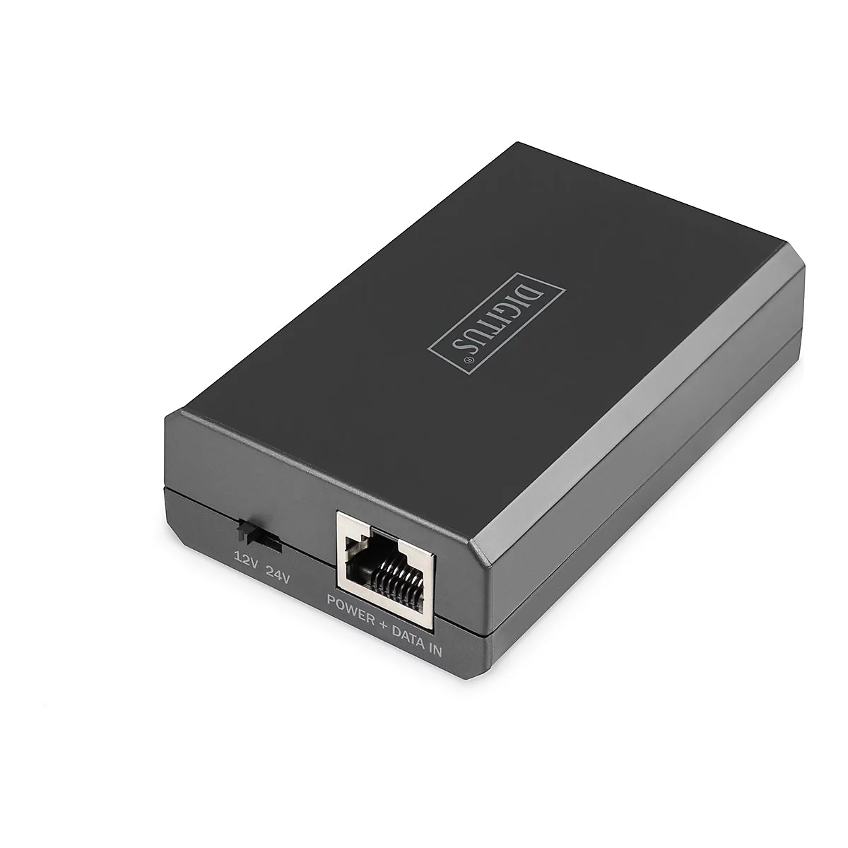 Schwarzer Netzwerk-Adapter von Digitus, mit Ethernet-Anschluss und Beschriftung "POWER + DATA IN".