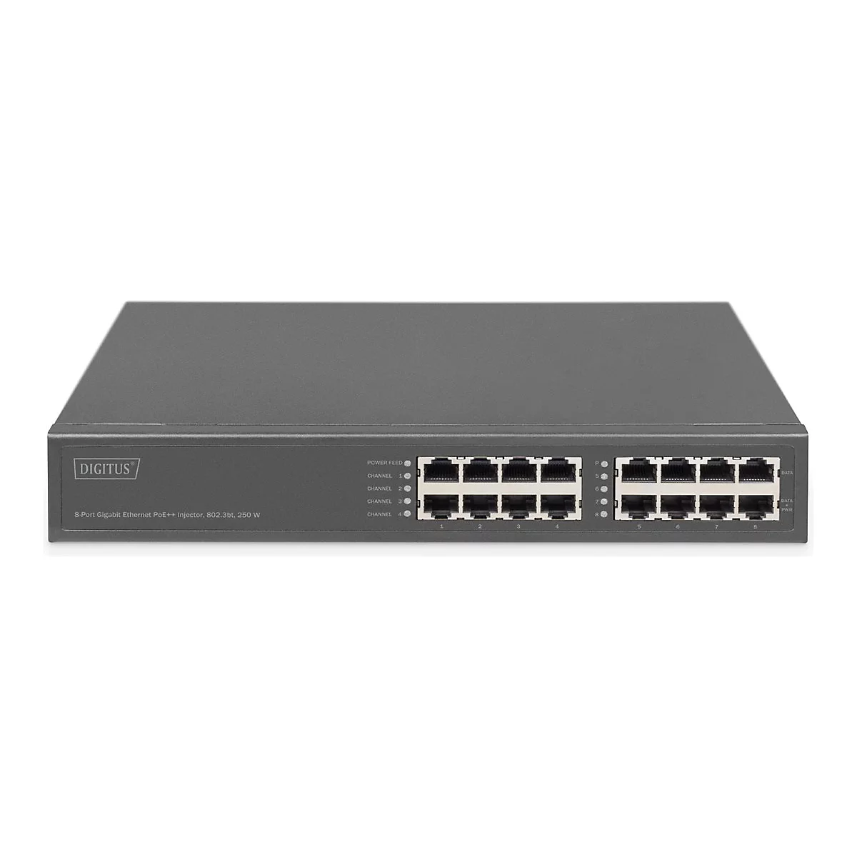 DIGITUS - Power Injector (in Rack montierbar/extern) - 8-port gigabit ethernet, 802.3bt - Wechselstrom 100-240 V - 250 Watt - Ausgangsanschlüsse: 8