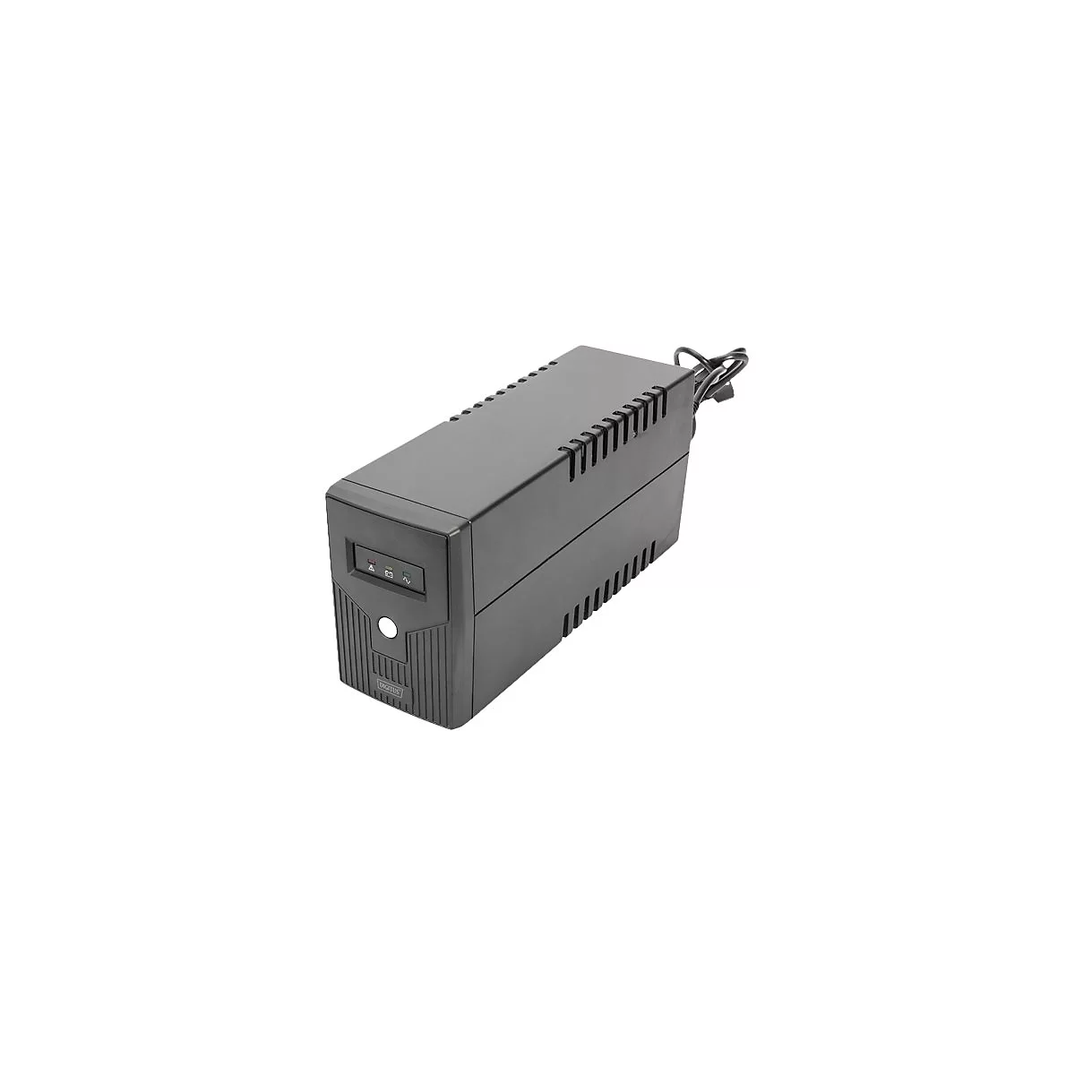 Ein schwarzes USV-GerÃ¤t mit LÃ¼ftungsschlitzen. Auf der Front befinden sich Anzeigen und ein Knopf. Stromkabel ist angeschlossen.