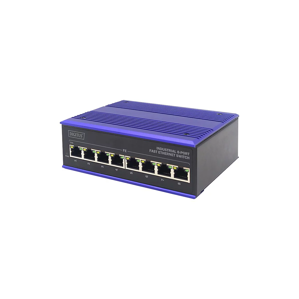 Industrieller 8-Port-Ethernet-Switch. Schwarzes Gehäuse mit blauer Oberseite. Ports, Beschriftung und grüne LEDs.