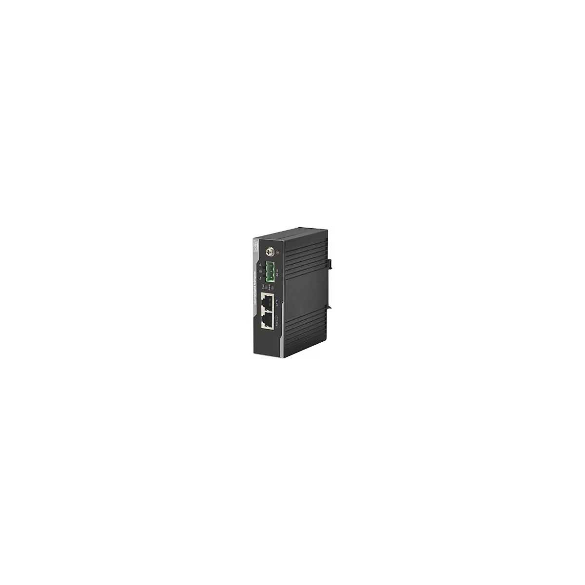 Schwarzer Industrial Gigabit PoE Injektor mit AnschlÃ¼ssen, LED-Anzeigen und LAN-Ports.