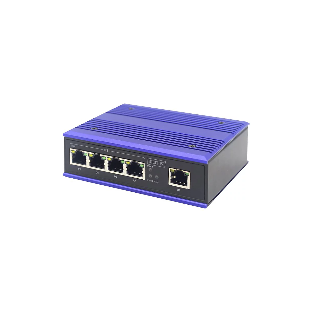Ein blauer Netzwerk-Switch mit 5 Anschlüssen, Beschriftung "DIGITUS", Ports leuchten grün.