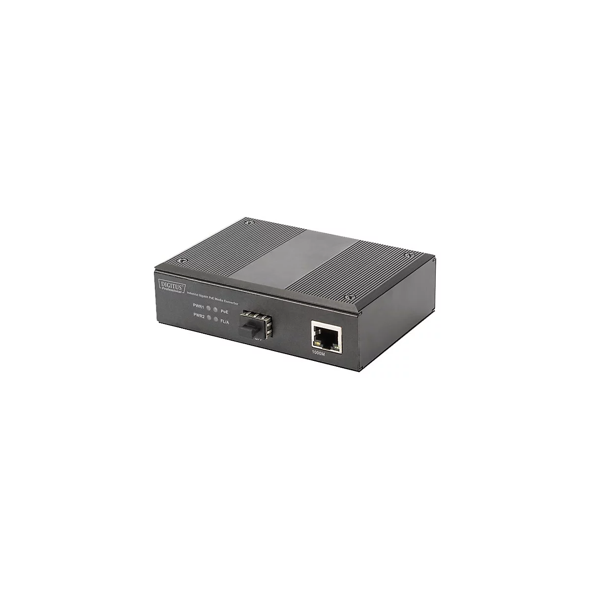Ein schwarzer Industrial Gigabit PoE Media Converter von Digitus. Auf der Vorderseite sind Anschlüsse und Kontrollleuchten zu sehen.