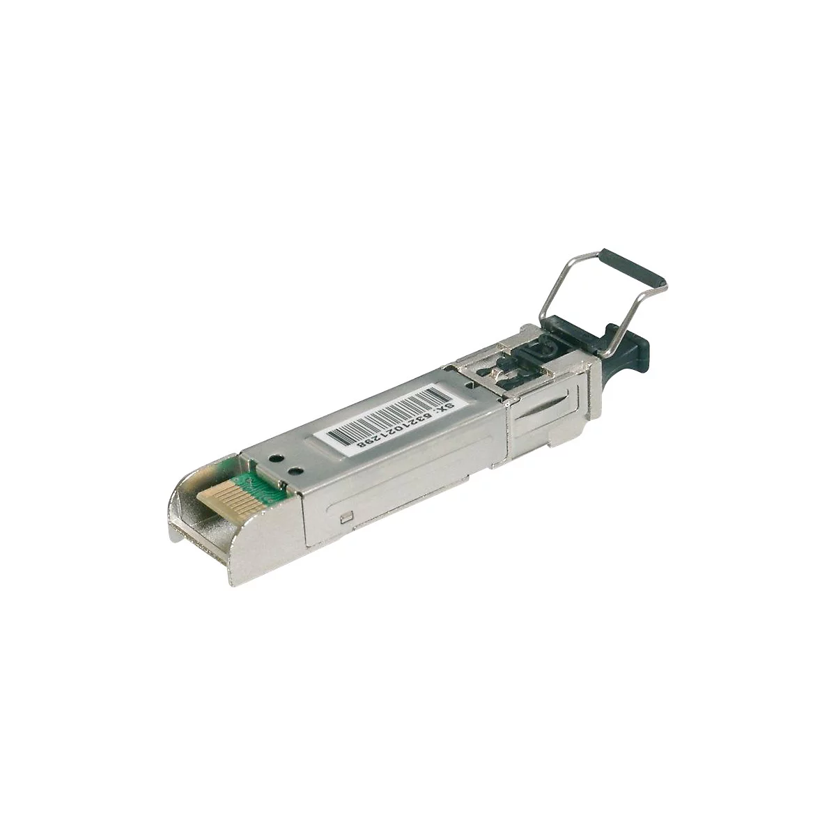Ein silbernes SFP-Modul mit Barcode und Bügelgriff.
