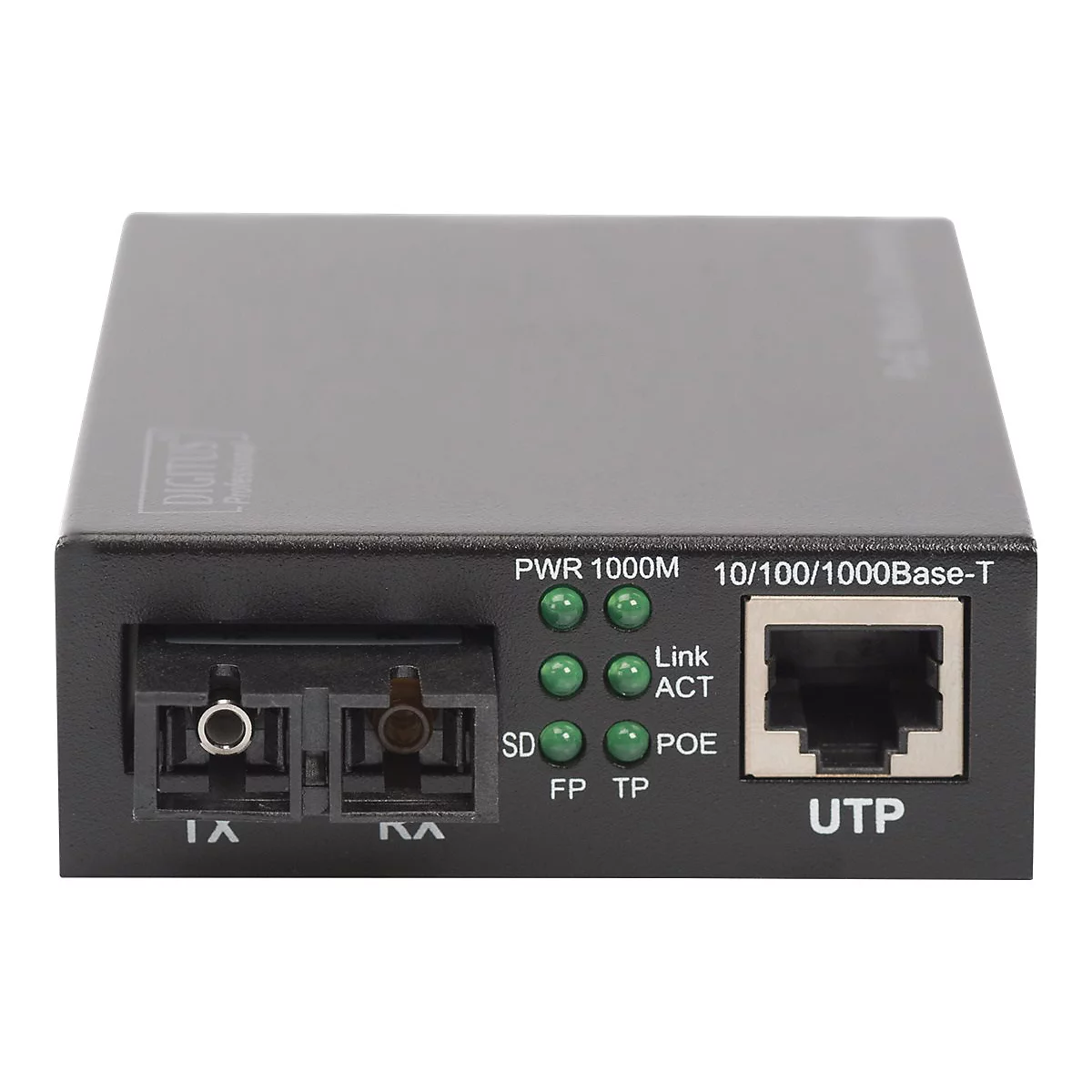 Schwarzer Netzwerk-Medienkonverter mit Beschriftungen, Anschlüssen und LED-Anzeigen. UTP-Anschluss, Beschriftung: PWR, Link, ACT, POE.
