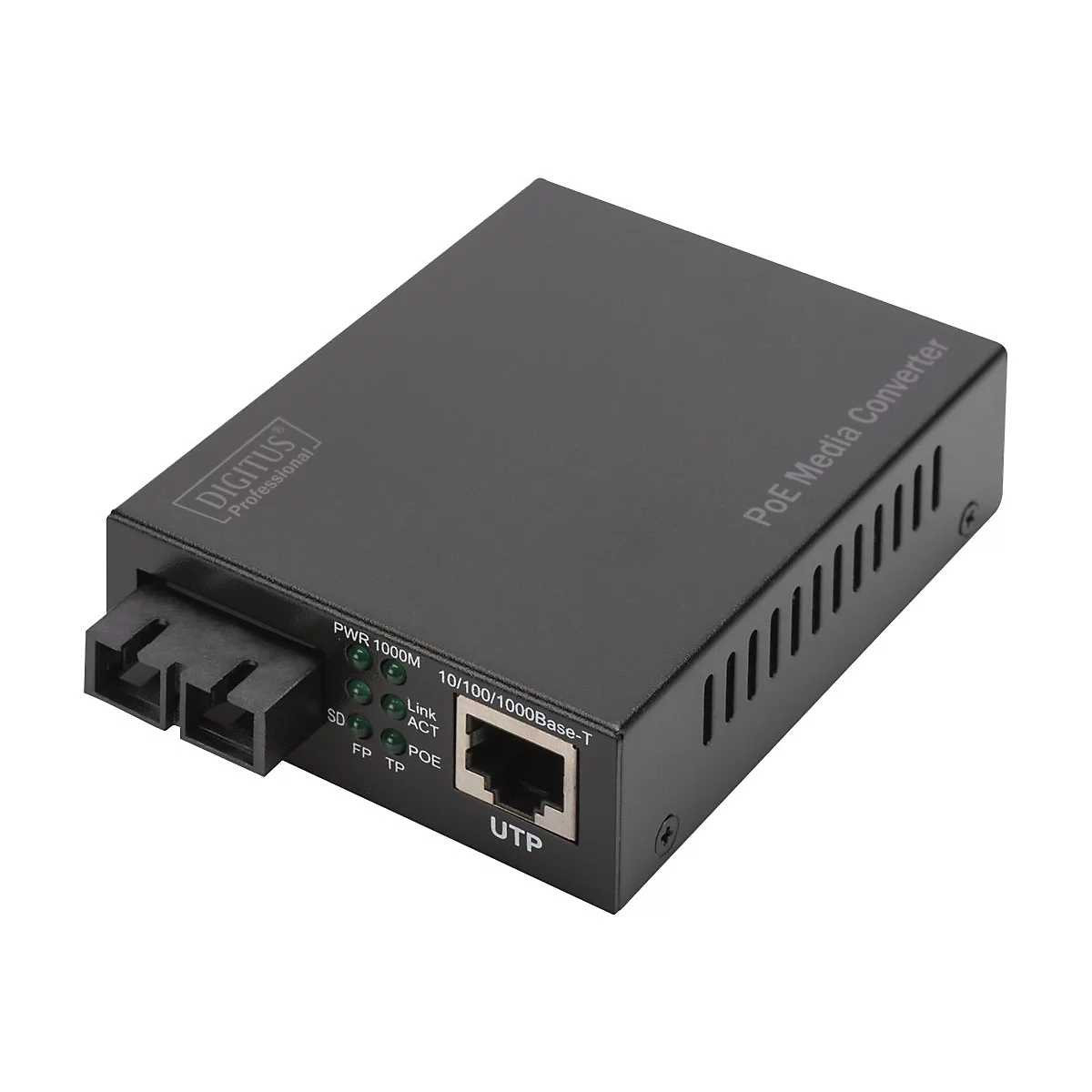 Ein schwarzer PoE Media Converter mit Beschriftungen wie "DIGITUS", "PWR 1000M" und "UTP".
