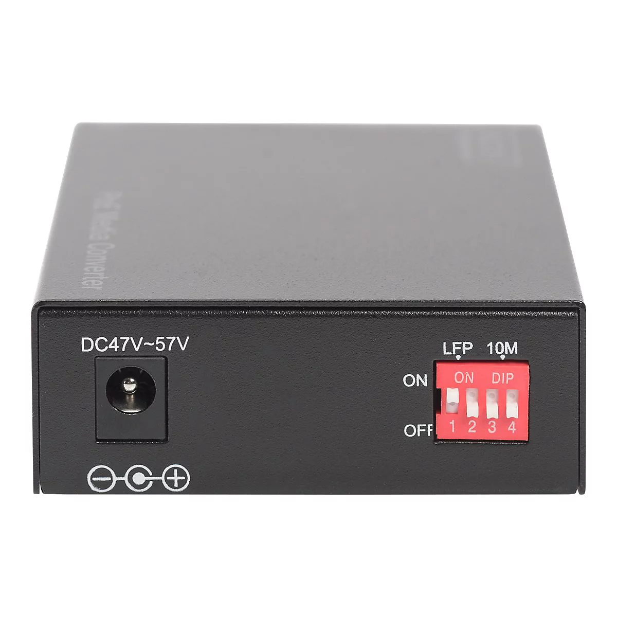 Schwarzer Medienkonverter mit Beschriftungen: DC47V~57V, LFP, 10M, und DIP-Schaltern 1-4. Auf dem Gerät befinden sich auch Plus- und Minussymbole.