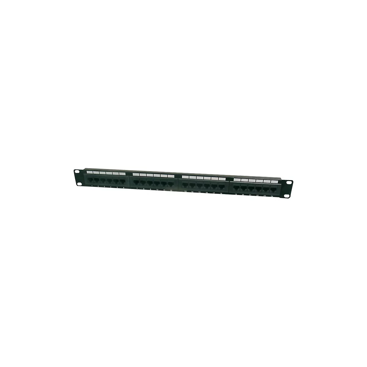 Schwarzes Patchpanel mit 24 RJ45-Anschlüssen, durchnummeriert, auf weißem Hintergrund.
