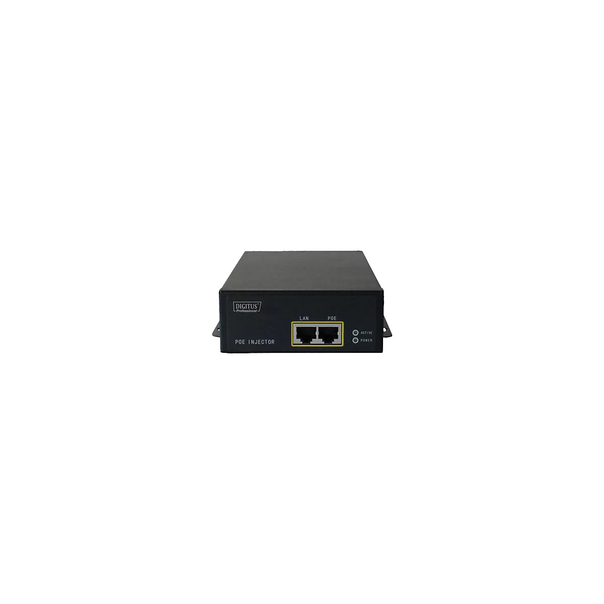 Schwarzer PoE-Injector von Digitus mit LAN- und PoE-AnschlÃ¼ssen. Gelber Rahmen um die AnschlÃ¼sse, daneben zwei Kontroll-Leuchten.
