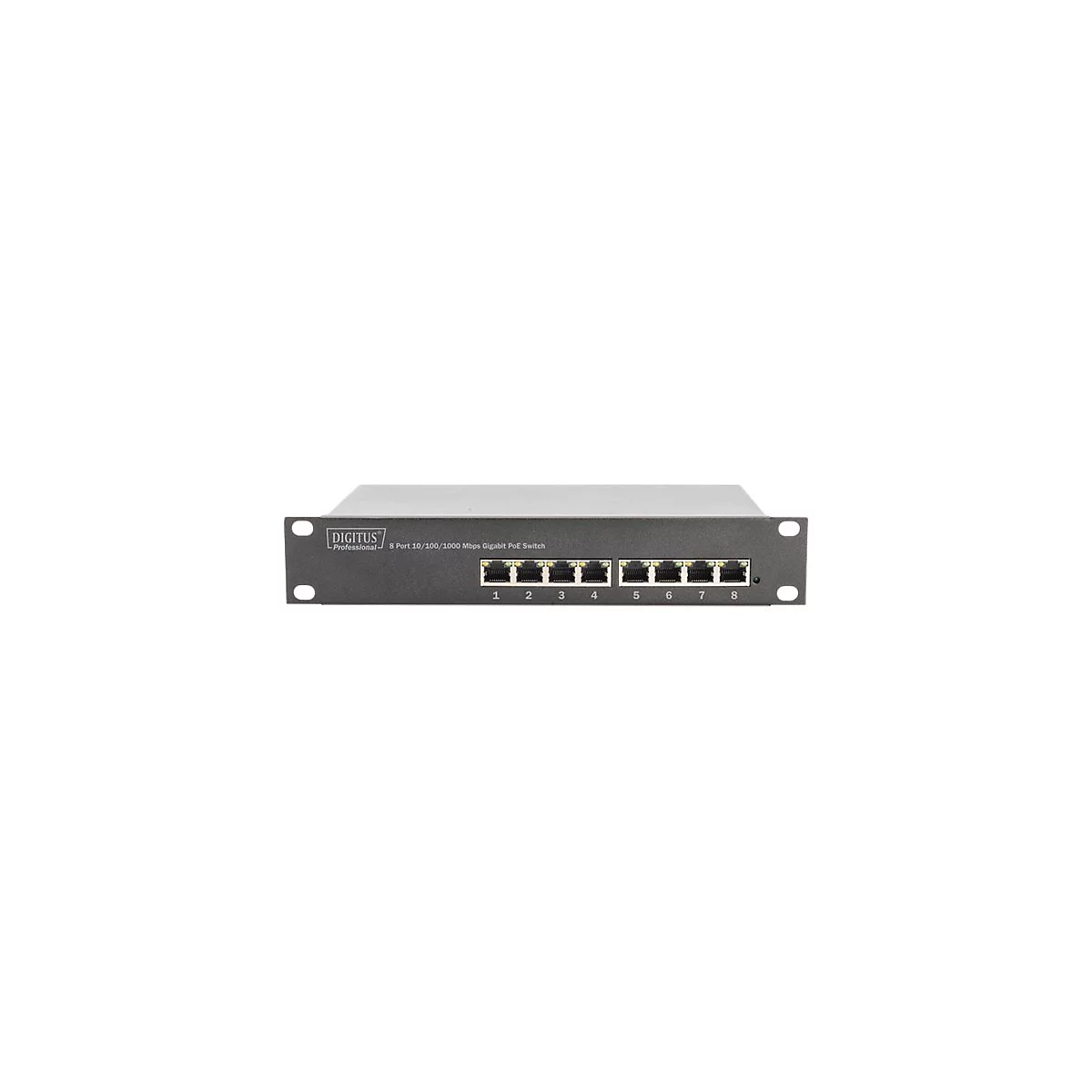 Ein schwarzer 8-Port Gigabit PoE Switch von Digitus. Auf der Vorderseite sind 8 NetzwerkanschlÃ¼sse und die Beschriftung 'DIGITUS' zu sehen.