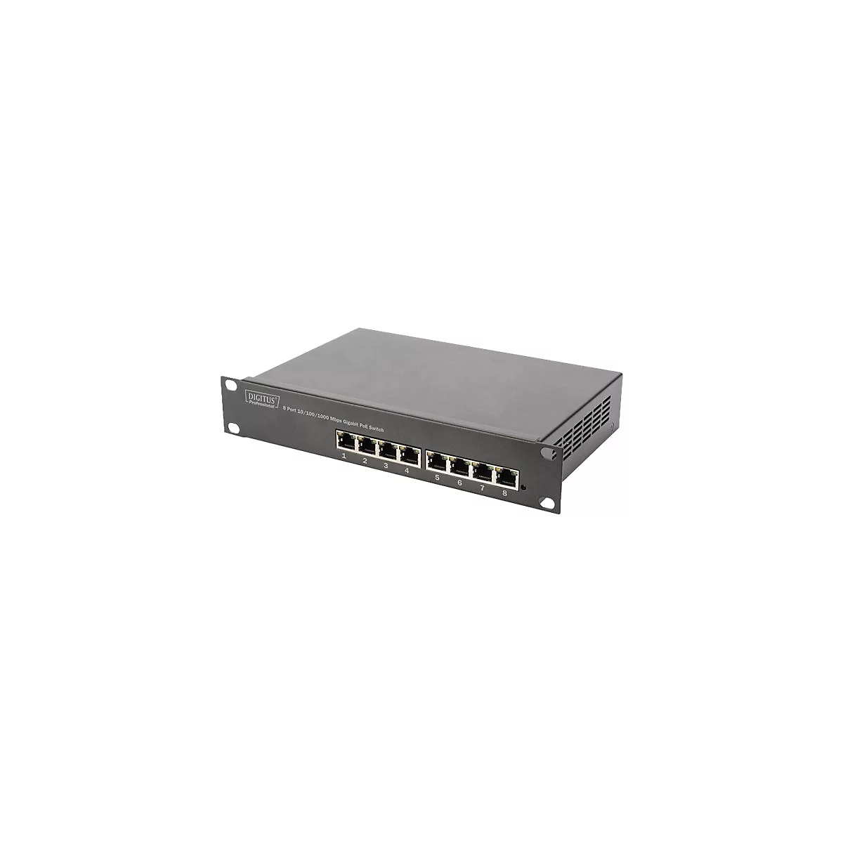 Schwarzer Netzwerk-Switch mit acht Ports, beschriftet mit Zahlen und dem Markennamen Digitus.