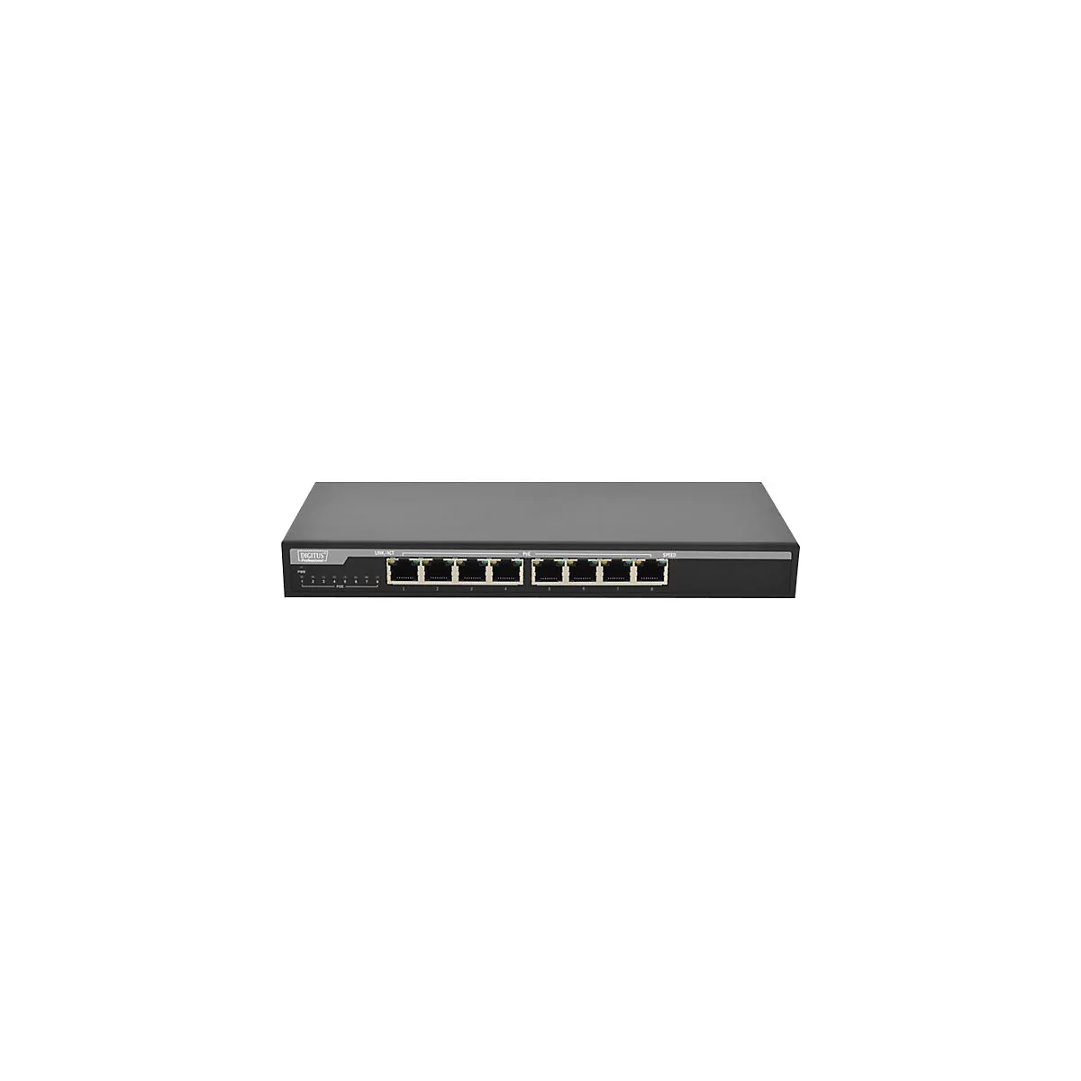 Schwarzer Switch mit acht Ports, vor weiÃŸem Hintergrund. Ports sind beschriftet, Logo links.