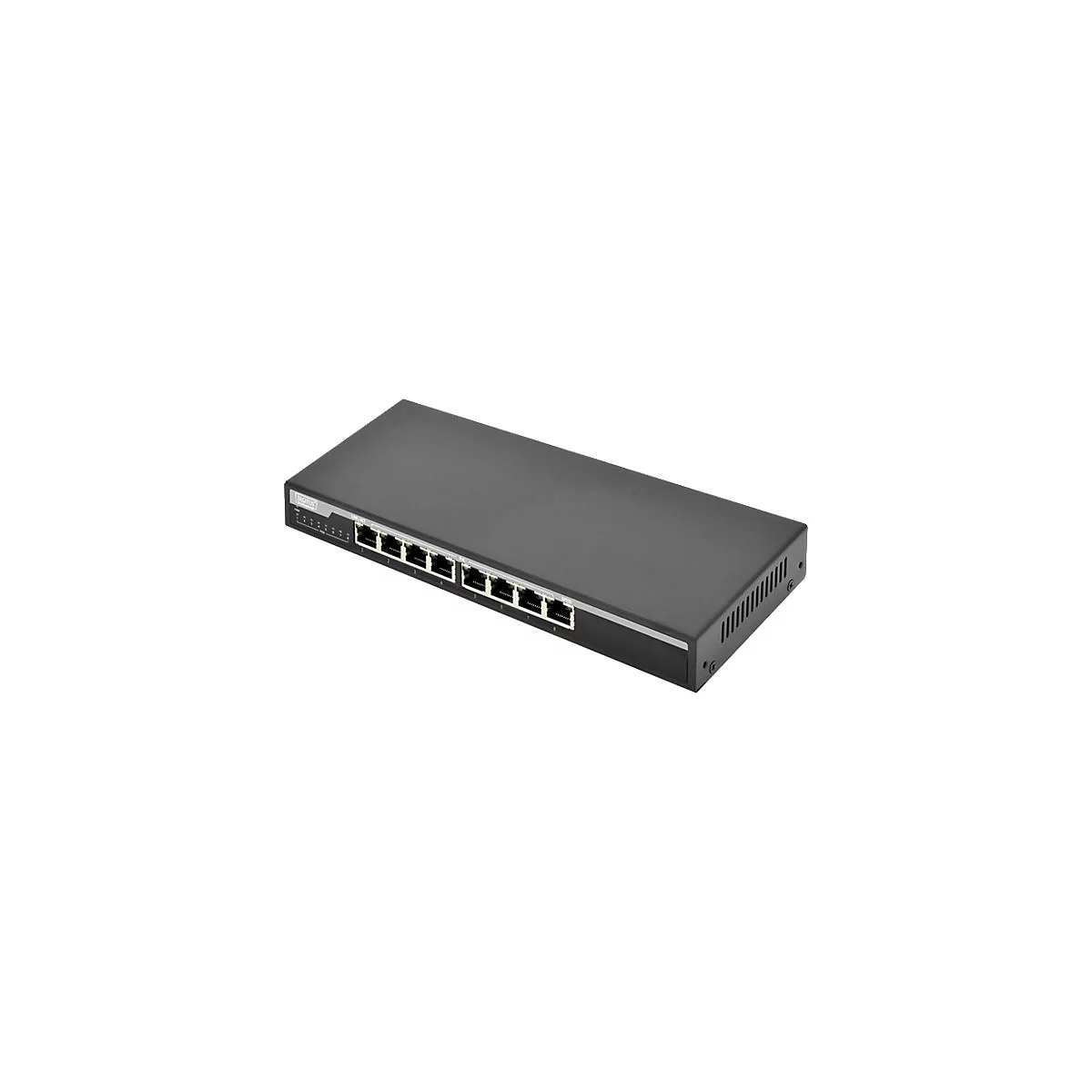 Ein schwarzer Netzwerk-Switch mit acht Ports, vor weiÃŸem Hintergrund.
