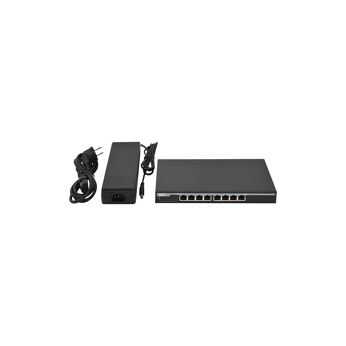 Ein schwarzer Router mit Netzteil und Kabeln, vor weiÃŸem Hintergrund.