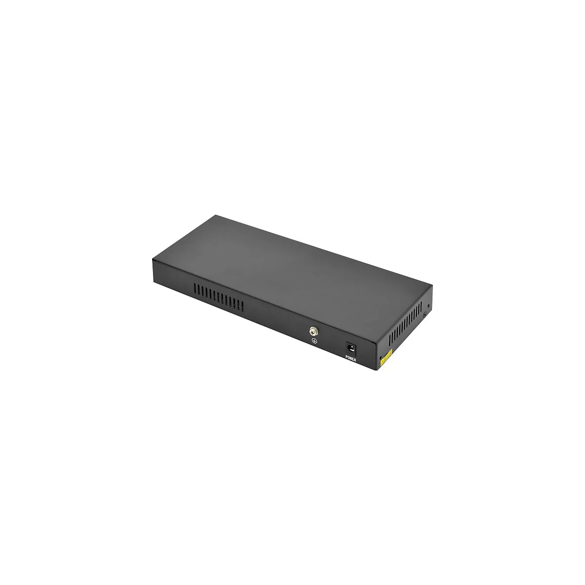 Schwarzer Netzwerk-Switch, rechteckig, mit LÃ¼ftungsschlitzen, AnschlÃ¼ssen und Power-Buchse.
