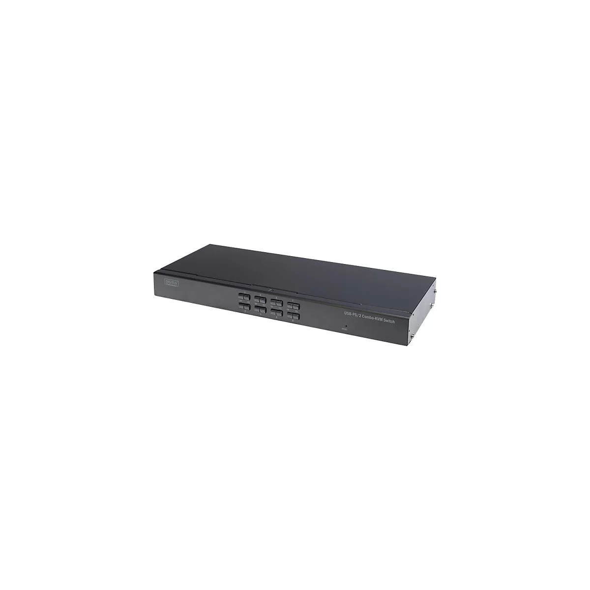 Schwarzgrauer KVM-Switch mit KnÃ¶pfen und Schriftzug.