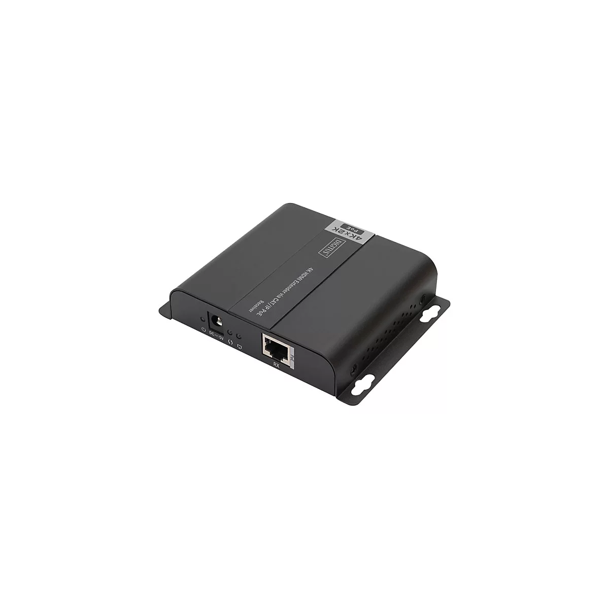 Schwarzer HDMI Extender mit Netzwerkanschluss und Logos.