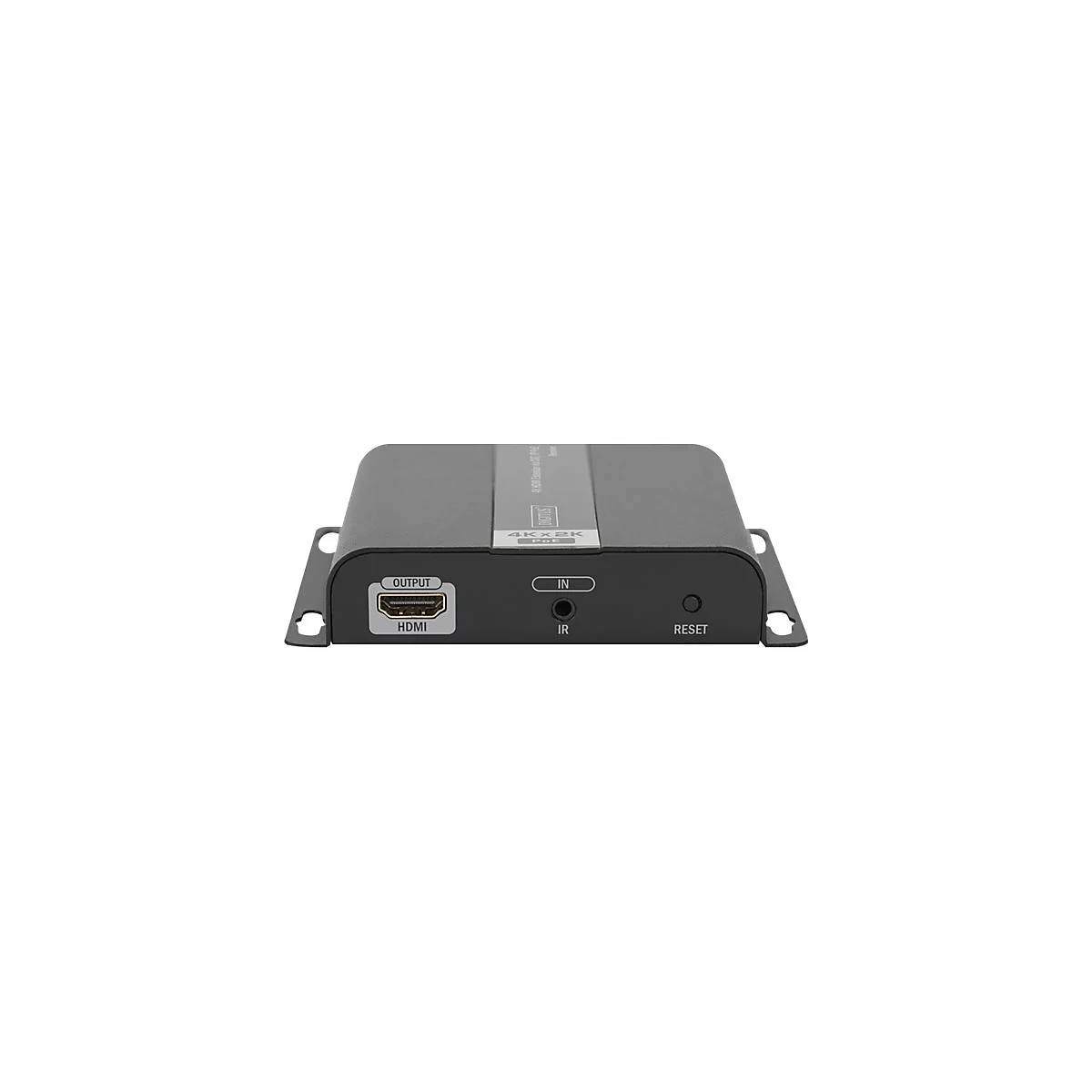 Graues elektronisches GerÃ¤t mit HDMI-AnschlÃ¼ssen, IR-Anschluss und Reset-Knopf.