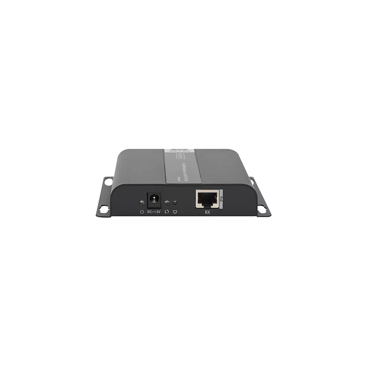 Schwarzer Netzwerk-Adapter, Oberseite mit Schriftzug, EingÃ¤nge: DC, RJ45; seitliche Halterung.