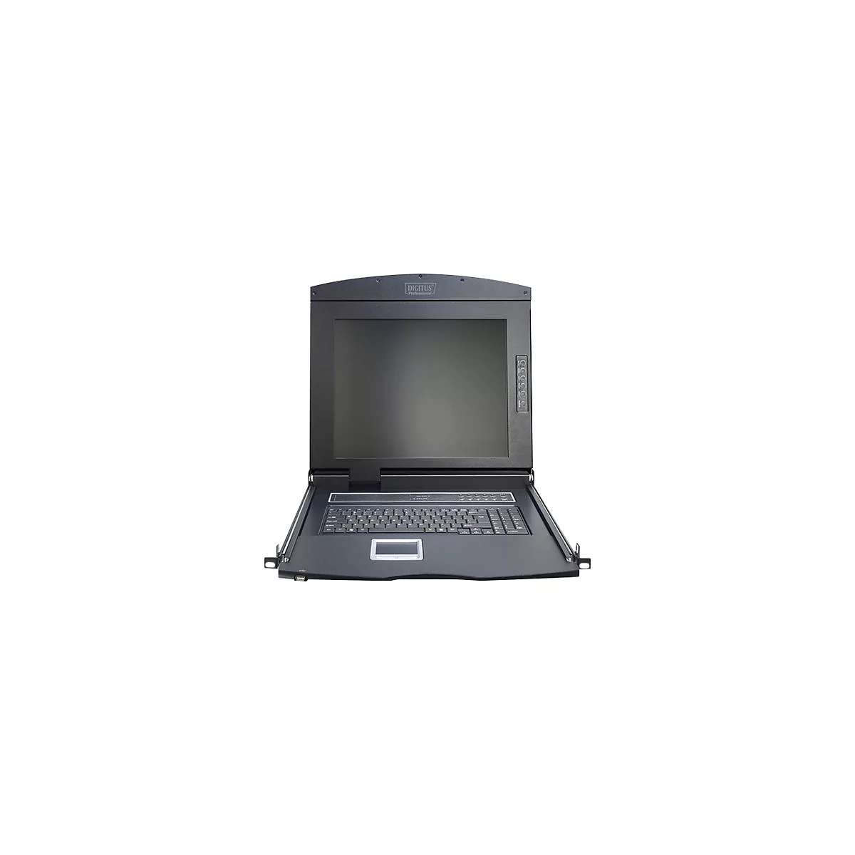 Schwarzer Konsolen-Monitor mit Tastatur. Oben mittig ist das Logo DIGITUS zu sehen. Auf weiÃŸem Hintergrund.