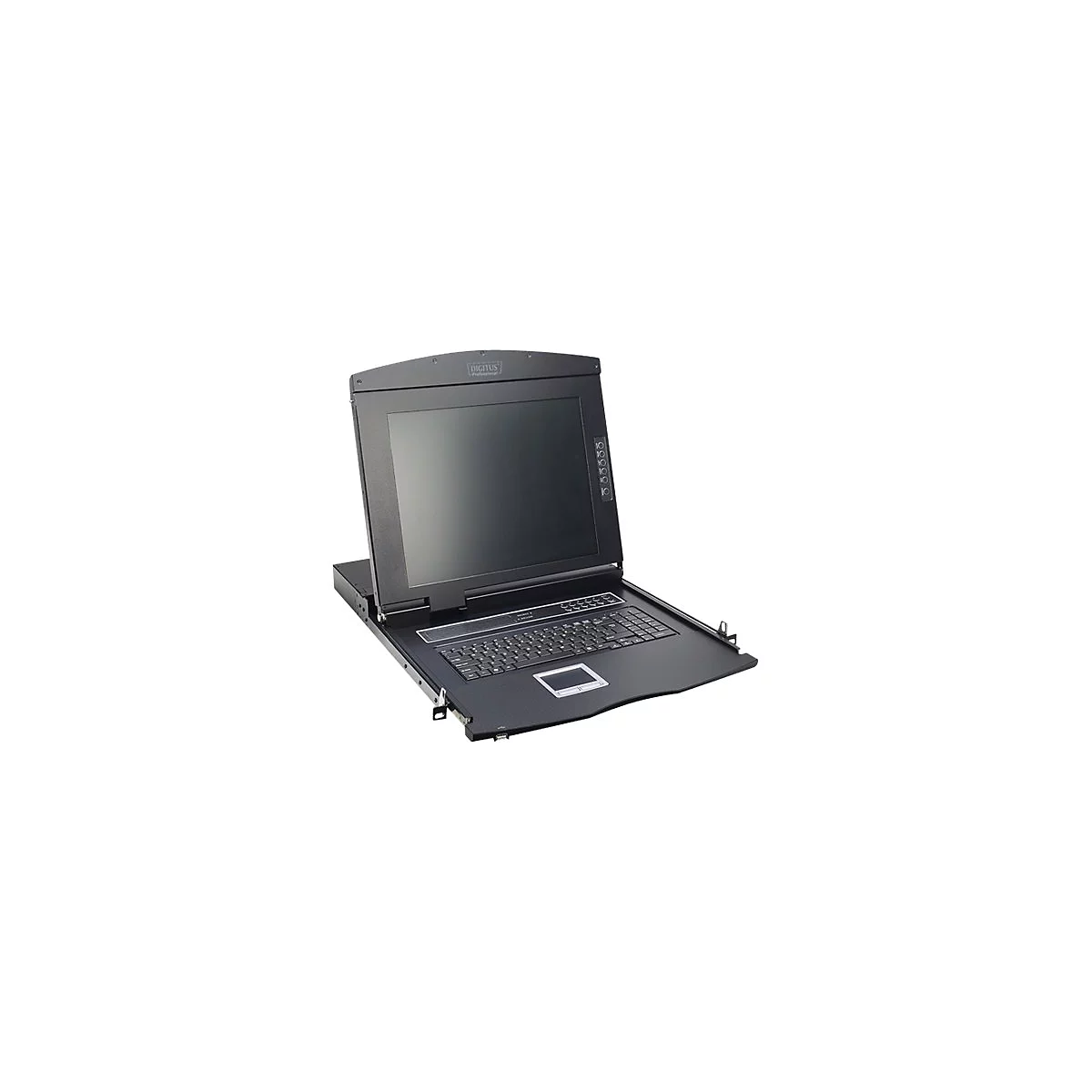 Schwarzer Bildschirm mit Tastatur und Touchpad. Oben steht "Digitus Professional".