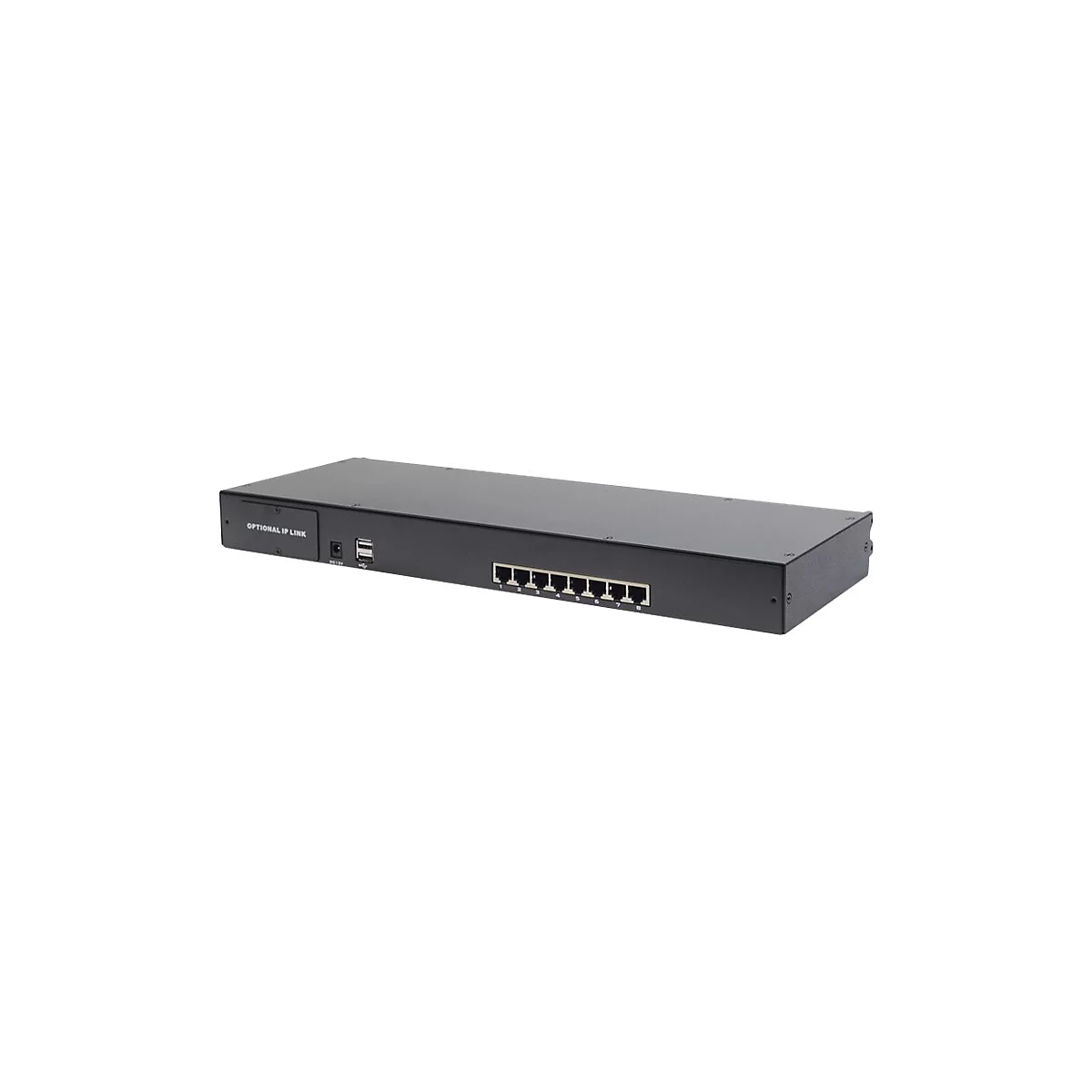 Schwarzer Netzwerk-Switch. Oben befinden sich Anschlüsse und USB-Anschlüsse. Aufschrift: Optional IP Link.