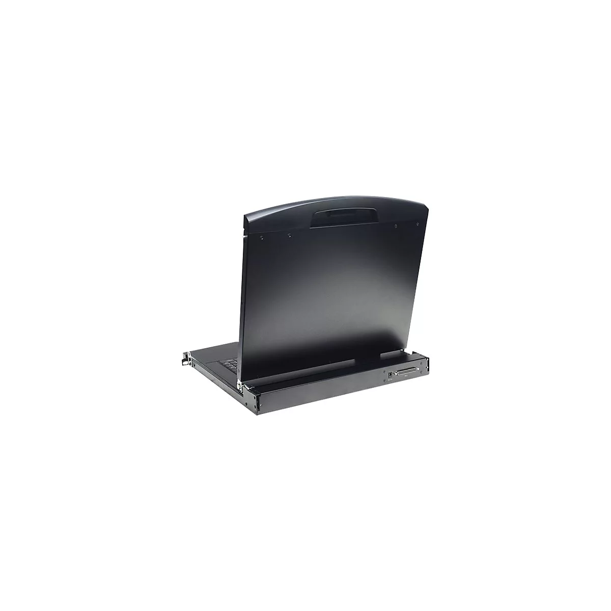 Schwarzer KVM-Switch, der sich auf einer schwarzen Schiene befindet. Das GerÃ¤t hat einen Bildschirm, eine Tastatur und eine Griffmulde.