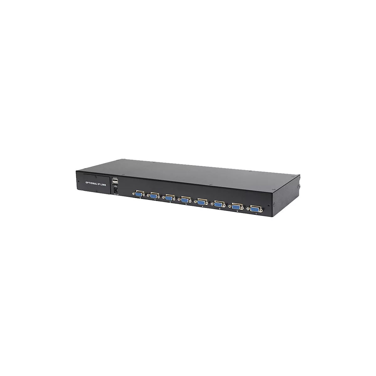 Schwarzes elektronisches GerÃ¤t mit vielen VGA-AnschlÃ¼ssen und der Aufschrift OPTIONAL IP LINK.