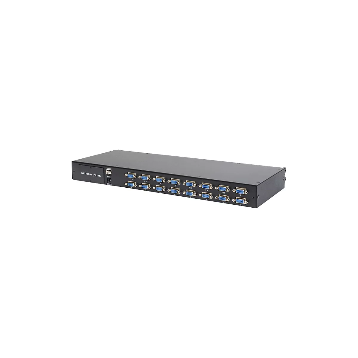 Ein schwarzer Switch mit 16 blauen VGA-AnschlÃ¼ssen und einem USB-Anschluss. Aufschrift: OPTIONAL IP LINK.
