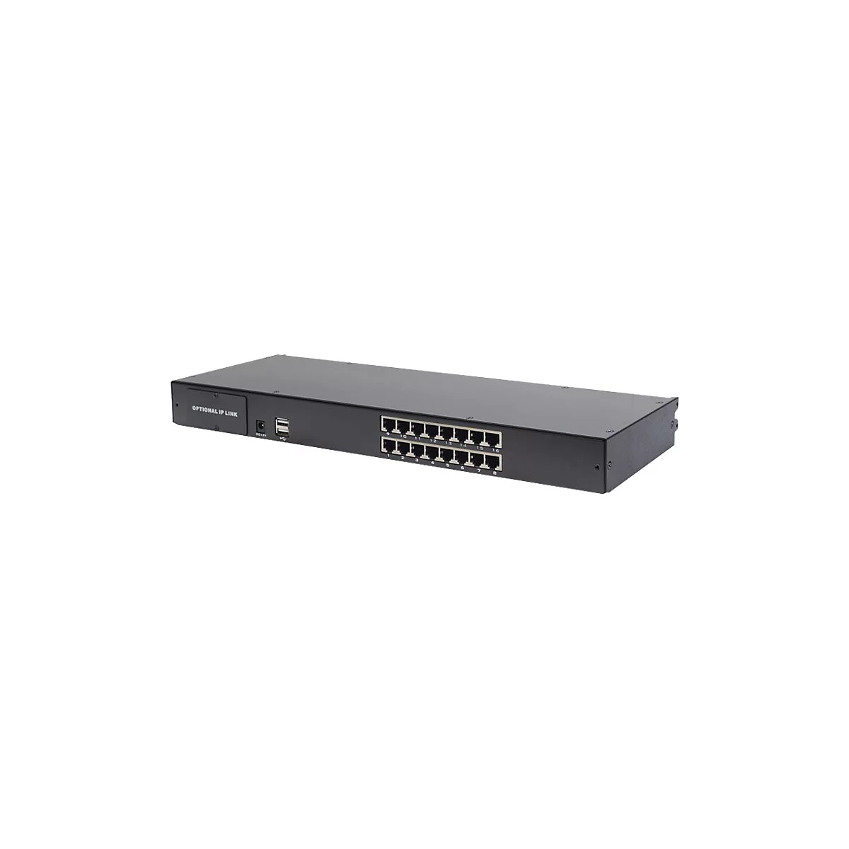 Ein schwarzer Netzwerk-Switch mit vielen AnschlÃ¼ssen, vor weiÃŸem Hintergrund. Auf dem Switch ist der Schriftzug SF1006L-P LINK zu sehen.