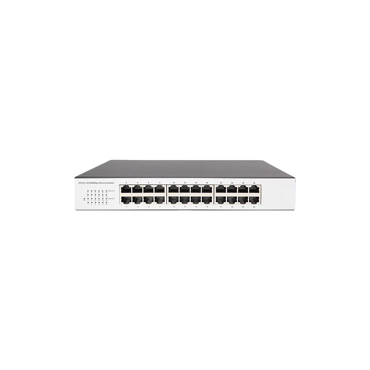 Ein 24-Port-Ethernet-Switch in Grau und Schwarz. Auf der Vorderseite befinden sich viele Buchsen und LEDs.