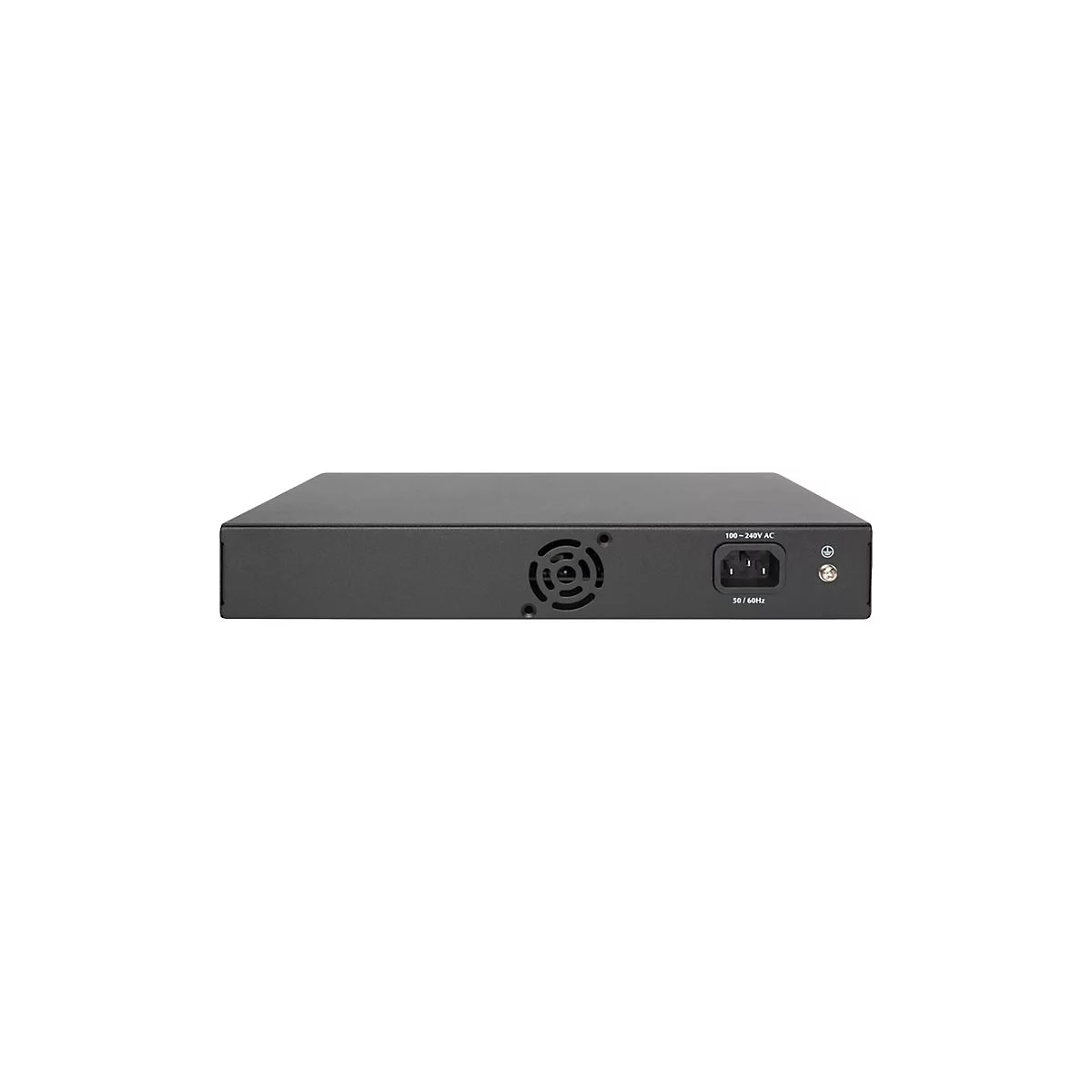 RÃ¼ckseite eines schwarzen Netzwerk-Switches. LÃ¼fter, Stromanschluss und weitere AnschlÃ¼sse. Beschriftung: 100-240V AC, 50/60Hz.